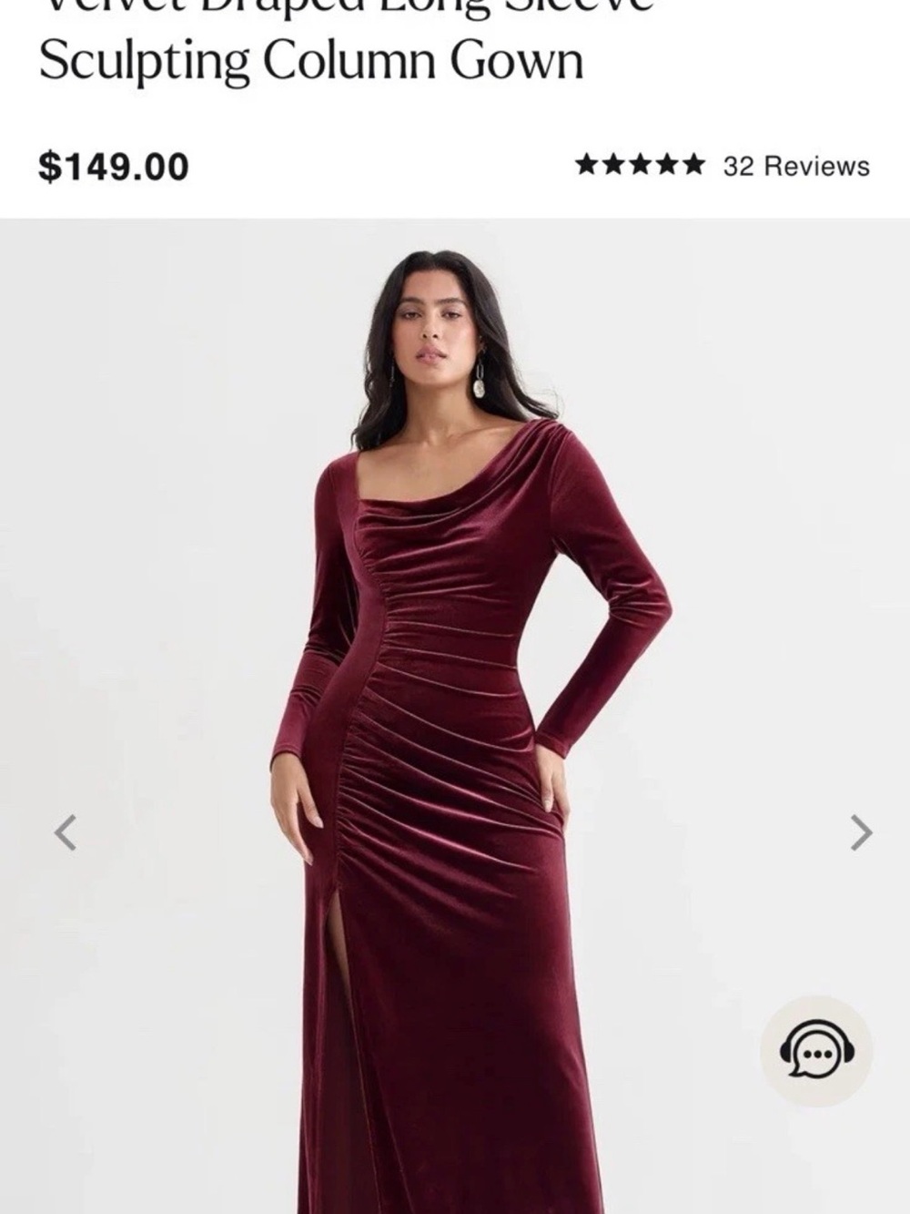 Popilush Velvet Draped Long Sleeve Column Gown - Burgundy